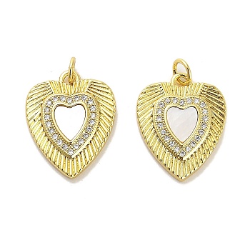 Brass Micro Pave Clear Cubic Zirconia Pendants, with Shell, Jump Rings, Real 18K Gold Plated, Heart, 19.5x16x3mm, Hole: 3.5mm