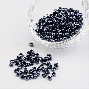 6/0 Opaque Colors Lustered Round Glass Seed Beads, Black, Size: about 4mm in diameter, hole:1.5mm, about 495pcs/50g(X-SEED-A012-4mm-129)