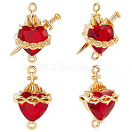 6Pcs 2 Styles Brass FireBrick Cubic Zirconia Rose Heart with Sword/Sacred Heart of Jesus Connector Charms, Real 16K Gold Plated, 20~22x12.5~16.5x8~8.5mm, Hole: 1.4mm, 3pcs/style(KK-BBC0020-10)