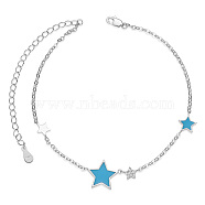 SHEGRACE 925 Sterling Silver Link Anklets, with Grade AAA Cubic Zirconia and Epoxy Resin, Star, Sky Blue, 8-1/4 inch(21cm)(JA56H)