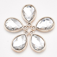 UV Plating Acrylic Pendants, with Acrylic Rhinestone, Faceted, Teardrop, Light Gold, Clear, 25x16x4.5mm, Hole: 2mm(X-OACR-T005-84KC-09)