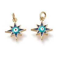 Brass Charms, with Enamel and Jump Rings, Long-Lasting Plated, Star with Evil Eye, Blue, Golden, 13.5x11.5x2.3mm, Hole: 2.8mm(ZIRC-I044-57G)