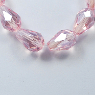 Electroplate Glass Beads Strands, Pearl Luster Plated, Faceted, teardrop, Pink, 6x4mm, Hole: 1mm, about 72pcs/strand, 15 inch(EGLA-R008-6x4mm-12)