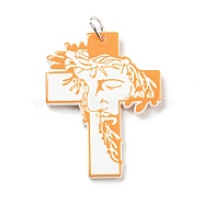 Embossed Printed Acrylic Pendants, with Iron Jump Ring, Cross with Man Pattern, Orange, 40.5x30.5x2.5mm, Hole: 5mm(OACR-G019-02E)