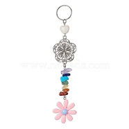 Flower Resin Keychains, with Chakra Gemstone Chip and 304 Stainless Steel Split Key Rings and Tibetan Style Alloy Links, Pink, 14.5cm(KEYC-JKC00556-01)