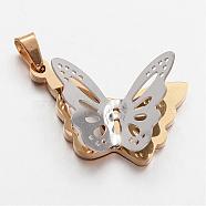 304 Stainless Steel Pendants, Butterfly, Golden & Stainless Steel Color, 19.5x29.5x10.5mm, Hole: 4x5mm(STAS-G066-33)