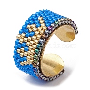 304 Stainless Steel Open Cuff Ring with Glass Seed Beaded, Crown, US Size 6 3/4(17.1mm)(RJEW-MZ00014-02)