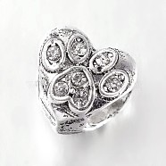 Antique Silver Tone Alloy Rhinestone European Beads, Heart Large Hole Beads, Crystal, 9.5x10.5x9mm, Hole: 5mm(X-CPDL-E030-01AS)
