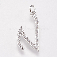 Brass Micro Pave Cubic Zirconia Letter Pendants, Letter.V, 10x20x2mm, Hole: 3mm(ZIRC-A010-V02)