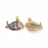 Brass Micro Pave Clear Cubic Zirconia Pendants, Fish, Marine Blue, 24x16.5x5mm, Hole: 3.5x5mm(ZIRC-F135-03G-01)