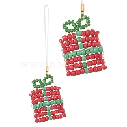 Christmas Glass Seed Beaded Pendant Decorations, Braided Nylon Thread Hanging Ornaments, Box, 110mm(HJEW-TA00013-05)