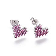 Brass Micro Pave Cubic Zirconia Stud Earrings, with Brass Ear Nuts, Heart, Magenta, Platinum, 8.5x10mm, Pin: 0.7mm(EJEW-F201-10P)