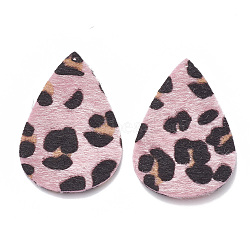 Imitation Leather Big Pendants, with Faux Fur, teardrop, Pink, 55x36x1mm, Hole: 1mm(FIND-N001-10E)