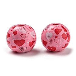 Printed Wood Beads, Valentine's Day Round Beads, Hot Pink, Heart, 16mm, Hole: 3~4.4mm(WOOD-A022-01D)