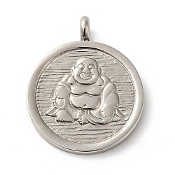 304 Stainless Steel Pendants,  Stainless Steel Color, Flat Round, Buddha, 31x25x2mm, Hole: 4mm(STAS-C086-06G-P)