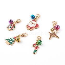 Christmas Theme Light Gold Alloy Enamel Pendants, with Lobster Claw Clasps and Bell Charms, Christmas Gift & Candy Cane & Santa Claus & Deer & Tree, Mixed Color, 27~36mm(X1-HJEW-JM00469)