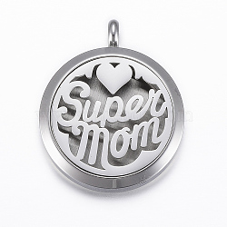 Mother's Day Theme, 316 Surgical Stainless Steel Diffuser Locket Pendants, with Perfume Pad and Magnetic Clasps, Flat Round with Super Mom, Stainless Steel Color, Mixed Color, 36.5~37x30x6~6.5mm, Hole: 5mm; Inner Diameter: 23mm; 12Color/Set(STAS-H418-10P)