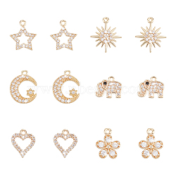 12Pcs 6 Style Rack Plating Brass Micro Pave Cubic Zirconia Charms, Long-Lasting Plated, Star & Flower & Elephant, Light Gold, 10~15.5x10.5~13.5x2~3.5mm, Hole: 1.2~1.4mm, 2pcs/style(ZIRC-AR0001-17)