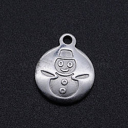 201 Stainless Steel Charms, Christmas Theme, Flat Round with Snowman, Stainless Steel Color, 14x12x1.5mm, Hole: 1.6mm(STAS-S105-T830)