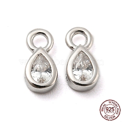 Real Platinum Plated Rhodium Plated 925 Sterling Silver Charms, with Clear Cubic Zirconia, with S925 Stamp, Teardrop, 6.3x3x2mm, Hole: 1.2mm(STER-K176-03D-P)