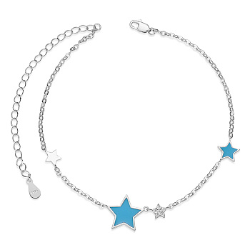 SHEGRACE 925 Sterling Silver Link Anklets, with Grade AAA Cubic Zirconia and Epoxy Resin, Star, Sky Blue, 8-1/4 inch(21cm)