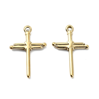 304 Stainless Steel Pendants, Cross Charm, Real 14K Gold Plated, 19x12x2mm, Hole: 1mm
