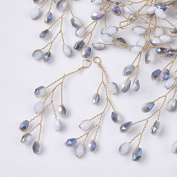 Glass Seed Beads Wire Wrapped Big Pendants, with Golden Plated Brass Wires, Alice Blue, 51~55x11~14x3mm, Hole: 2mm