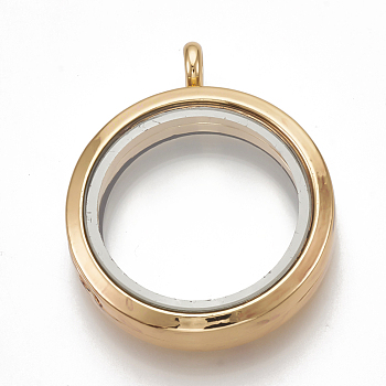 Alloy Magnetic Locket Pendants, with Glass, Flat Round, Golden, 37x30x7mm, Hole: 3.5mm, Inner diameter: 23mm