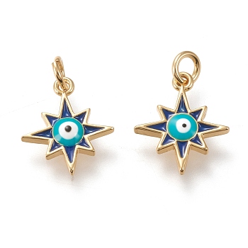 Brass Charms, with Enamel and Jump Rings, Long-Lasting Plated, Star with Evil Eye, Blue, Golden, 13.5x11.5x2.3mm, Hole: 2.8mm