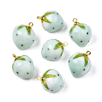 Handmade Porcelain Pendants, with Golden Plated Brass Findings, Famille Rose Style, 3D Strawberry, Light Blue, 18~20x13.5~15mm, Hole: 1.6mm