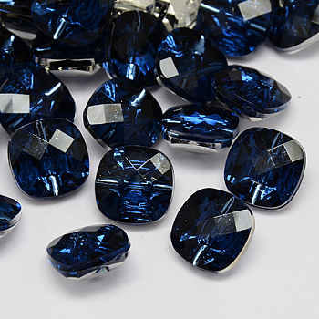 Taiwan Acrylic Rhinestone Buttons, Faceted, 1-Hole, Square, Marine Blue, 15x15x8mm, Hole: 1mm