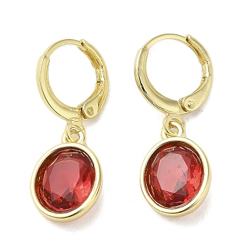 Real 18K Gold Plated Brass Dangle Leverback Earrings, with Oval Glass, Red, 27x10mm