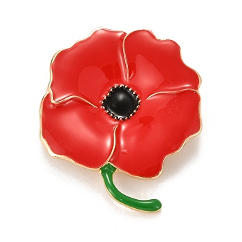 Alloy Brooches, with Rhinestone and Enamel, Remembrance Poppy Flower Badge, Red, 48x38x9mm