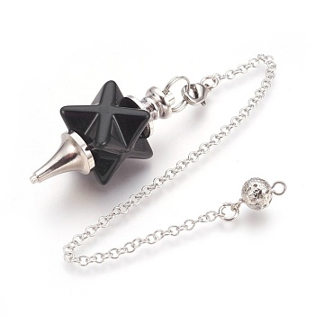 Natural Black Agate Dowsing Pendulums, with Platinum Tone Brass Findings, Merkaba Star, 235mm, Hole: 2mm