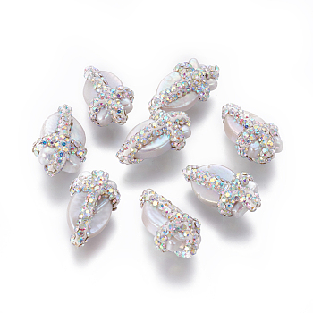 Natural Cultured Freshwater Pearl Beads, with Polymer Clay Rhinestone, Fish, White, 20~24x12~14x9~11mm, Hole: 0.8mm