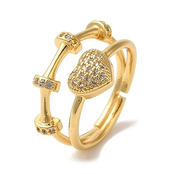 Adjustable Brass Micro Pave Cubic Zirconia Rings for Women, Long-Lasting Plated, Cadmium Free & Lead Free, Real 18K Gold Plated, Heart, 14.5mm, Inner Diameter: 17mm