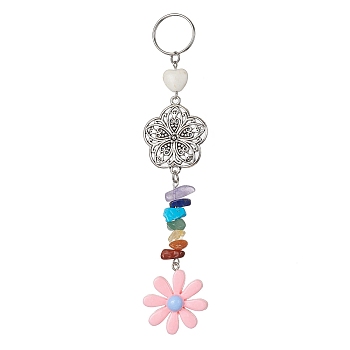 Flower Resin Keychains, with Chakra Gemstone Chip and 304 Stainless Steel Split Key Rings and Tibetan Style Alloy Links, Pink, 14.5cm