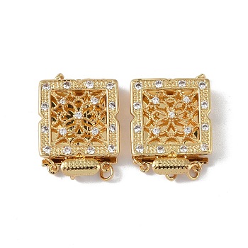 Rack Plating Brass Micro Pave Clear Cubic Zirconia Box Clasps, 2-Strand, 4-Hole, Square, Real 18K Gold Plated, 24.5x19.5x7.5mm, Hole: 2.4mm