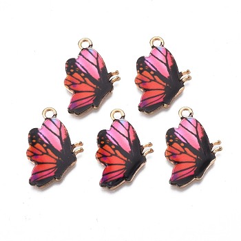 Printed Alloy Pendants, Cadmium Free & Nickel Free & Lead Free, Light Gold, Butterfly, Orange Red, 24.5x16.5x1.5mm, Hole: 1.8mm