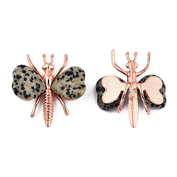 Natural Dalmatian Jasper Display Decorations, with Rose Gold Color Plated Alloy Findings, Dragonfly, 44x36~39x12mm