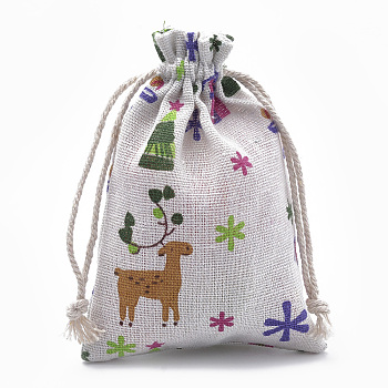 Polycotton(Polyester Cotton) Packing Pouches Drawstring Bags, with Printed Christmas Theme, Old Lace, 14x10cm