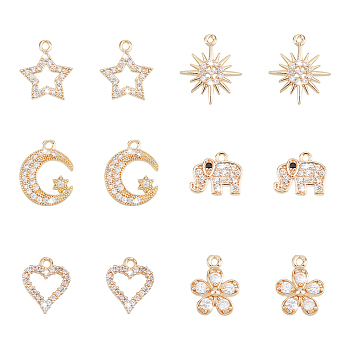 12Pcs 6 Style Rack Plating Brass Micro Pave Cubic Zirconia Charms, Long-Lasting Plated, Star & Flower & Elephant, Light Gold, 10~15.5x10.5~13.5x2~3.5mm, Hole: 1.2~1.4mm, 2pcs/style