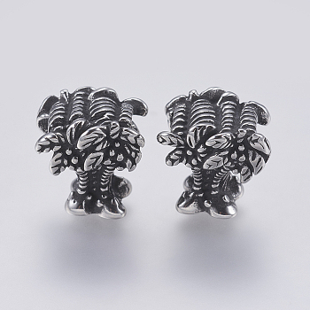 304 Stainless Steel European Beads, Coconut Tree, Antique Silver, 14x14.5x12mm, Hole: 5mm