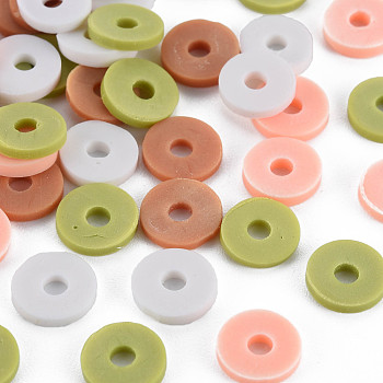 4 Colors Handmade Polymer Clay Beads, Heishi Beads, Disc/Flat Round, Yellow Green & Light Salmon & Camel & White, 8x0.5~1.5mm, Hole: 2mm, about 11500pcs/1000g