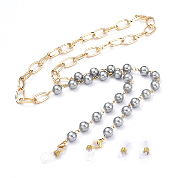Aluminium Eyeglasses Chains, Neck Strap for Eyeglasses, with Shell Pearl Beads, 304 Stainless Steel Lobster Claw Clasps and Rubber Loop Ends, Golden, Gray, 29.9 inch(76cm)