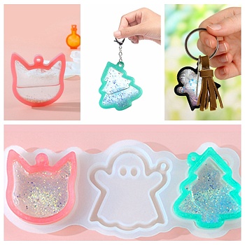 DIY Cat & Ghost & Tree Pendant Silicone Molds, Quicksand Molds, Resin Casting Molds, for UV Resin & Epoxy Resin Craft Making, 80x197x9mm, Hole: 3.5mm, Inner Diameter: 56~66x53~62mm