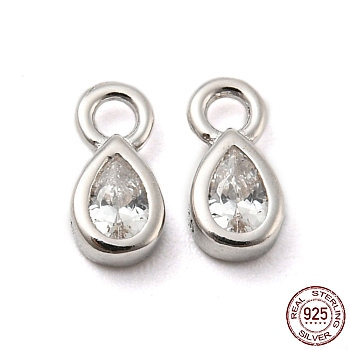 Real Platinum Plated Rhodium Plated 925 Sterling Silver Charms, with Clear Cubic Zirconia, with S925 Stamp, Teardrop, 6.3x3x2mm, Hole: 1.2mm