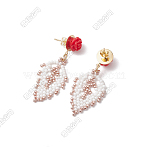 Rose with Leaf Seed Beads Dangle Stud Earrings, with 304 Stainless Steel & Resin Beads, Golden, White, 45x19mm(EJEW-FS00088)