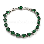 Teardrop Glass Link Chain Bracelets, Rack Plating Platinum Plated Brass Jewelry for Women, Green, 8 inch(20.3cm)(BJEW-H604-01P-01)