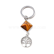 Natural Tiger Eye Pyramid Detachable Pendant Keychain, Metal Tree of Life Charm for Car Key Bag Ornaments, 6.6x2cm(PW-WG20082-02)